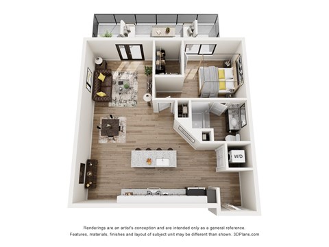 A 3D floor plan of a house with a kitchen, living room, and two bedrooms.